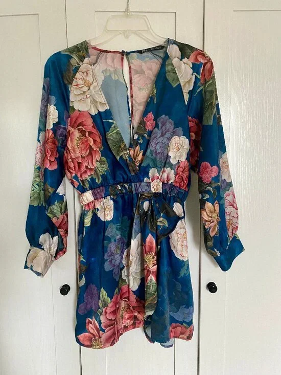 Zara Blue Floral Puff Sleeve Romper Sz S - Picture 2 of 6